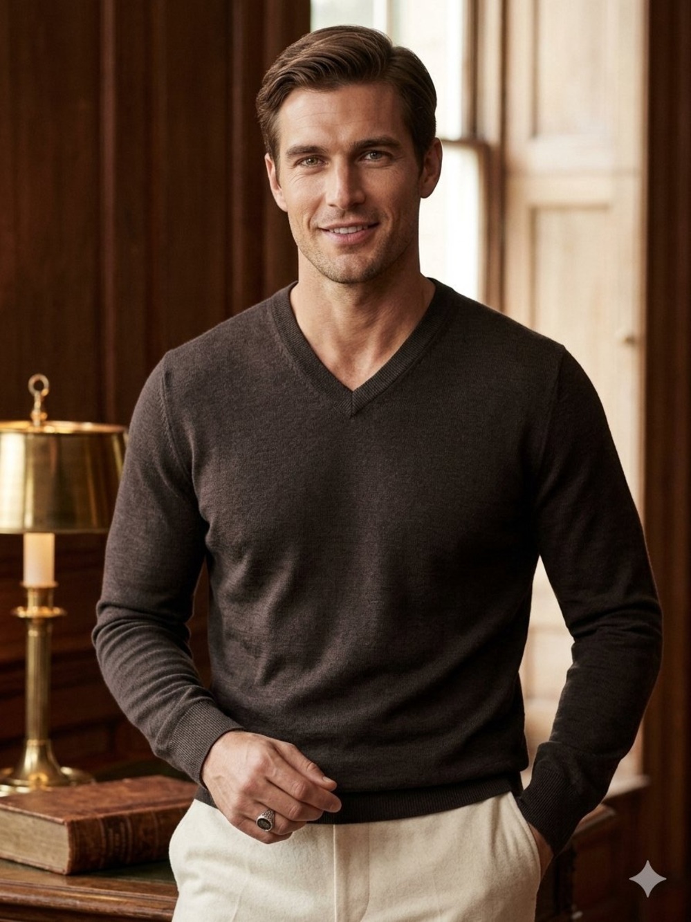 Nordstrom Men's Size M Dark Brown 100% Extra Fine Merino Wool V Neck Sweater